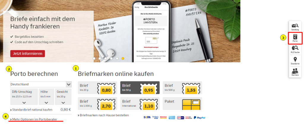 Kalkulator przesyłek na głównej stronie Deutsche Post